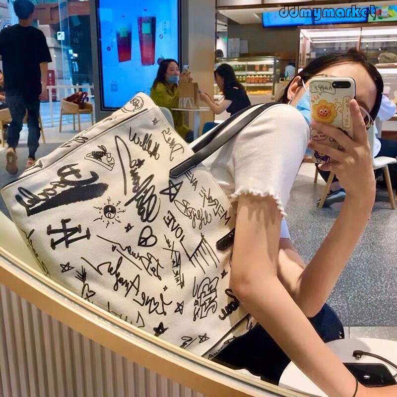 Ddmymarket 2025 New Canvas Graffiti Personality Large Capacity Tote Color-Block Letter Single Shoulder Crossbody Bag for Women