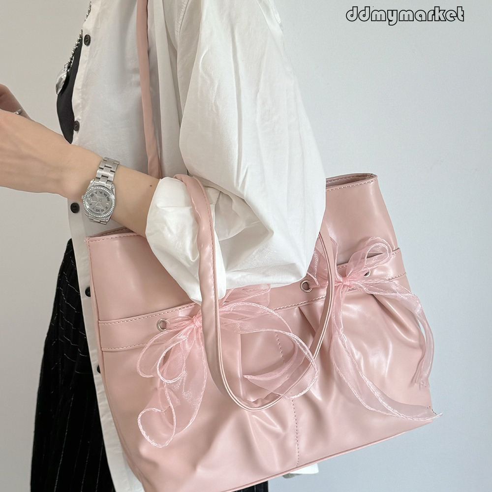Ddmymarket 2025 New College Style Bowknot Tote Large Capacity Pleated Shoulder Bag for Women Cute Sweet