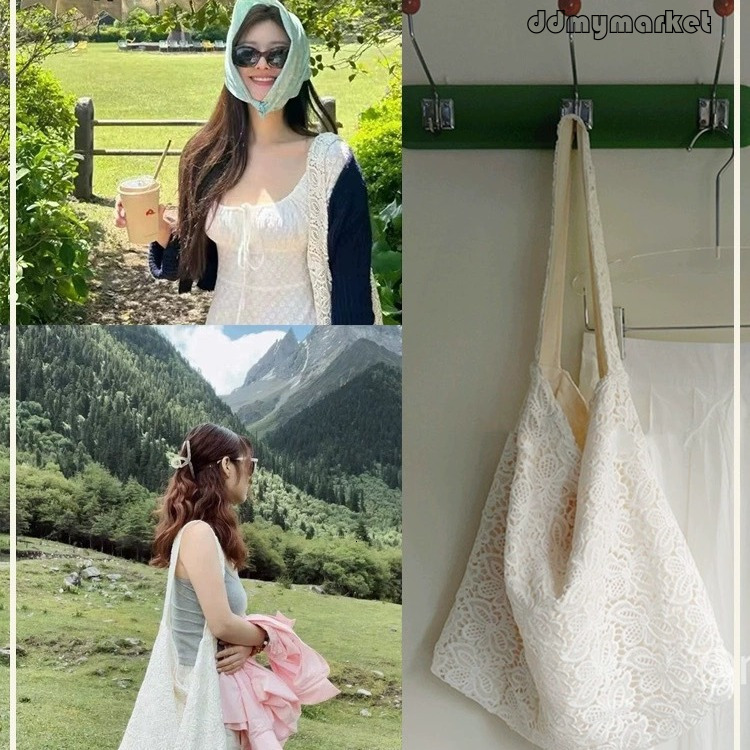 Ddmymarket Zhao Lusi Same Style ~ Beautiful for Photos, Pastoral Style, Lace, Summer Gentle Fairy Beauty, Large Capacity Single Shoulder Tote