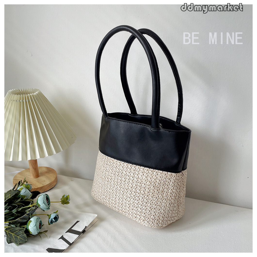 DdmyMarket Nouveau panier tissé pour femmes, sac de paille patchwork de conception de niche, sac à main épaule à main