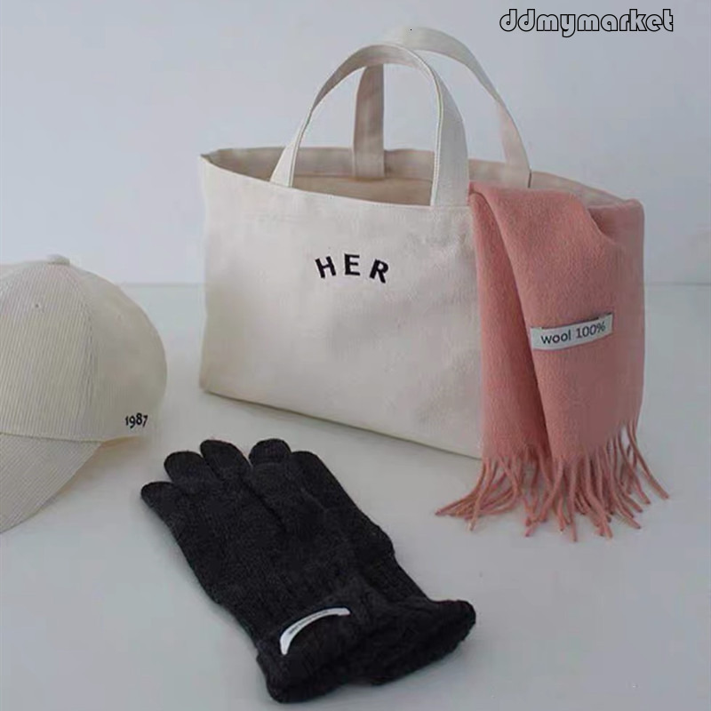 Ddmymarket Korean Canvas 2025 New Artistic Style Letter Shopping Lunch Simple Handheld Tote Bag