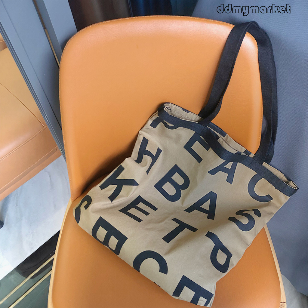Ddmymarket 2025 New Korean Student Lazy Style Large Capacity Letter Print Canvas Shopping Handheld Shoulder Bag for Women