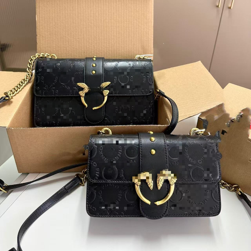 Brand Swallow Bags Relief Logo Genuine Leather Chain Crossbody Bag Embossed Flap