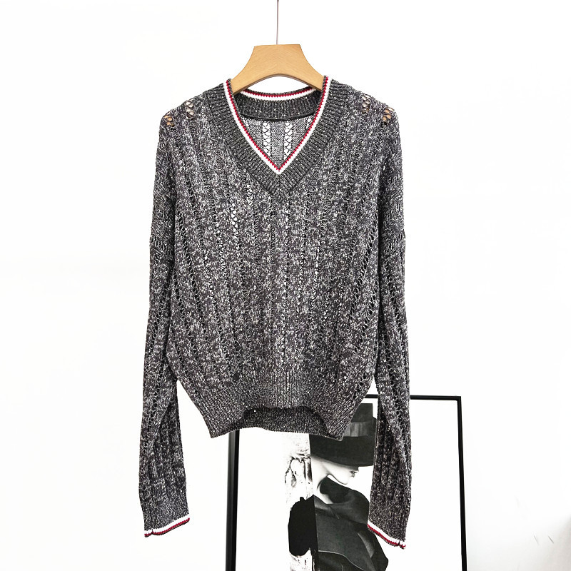 Fashion Designer Casual Womens Sweaters Brunello V-neck Long Sleeve Pullover Hollow Sequins Loose Linen Tops Woman Knitting Sweater