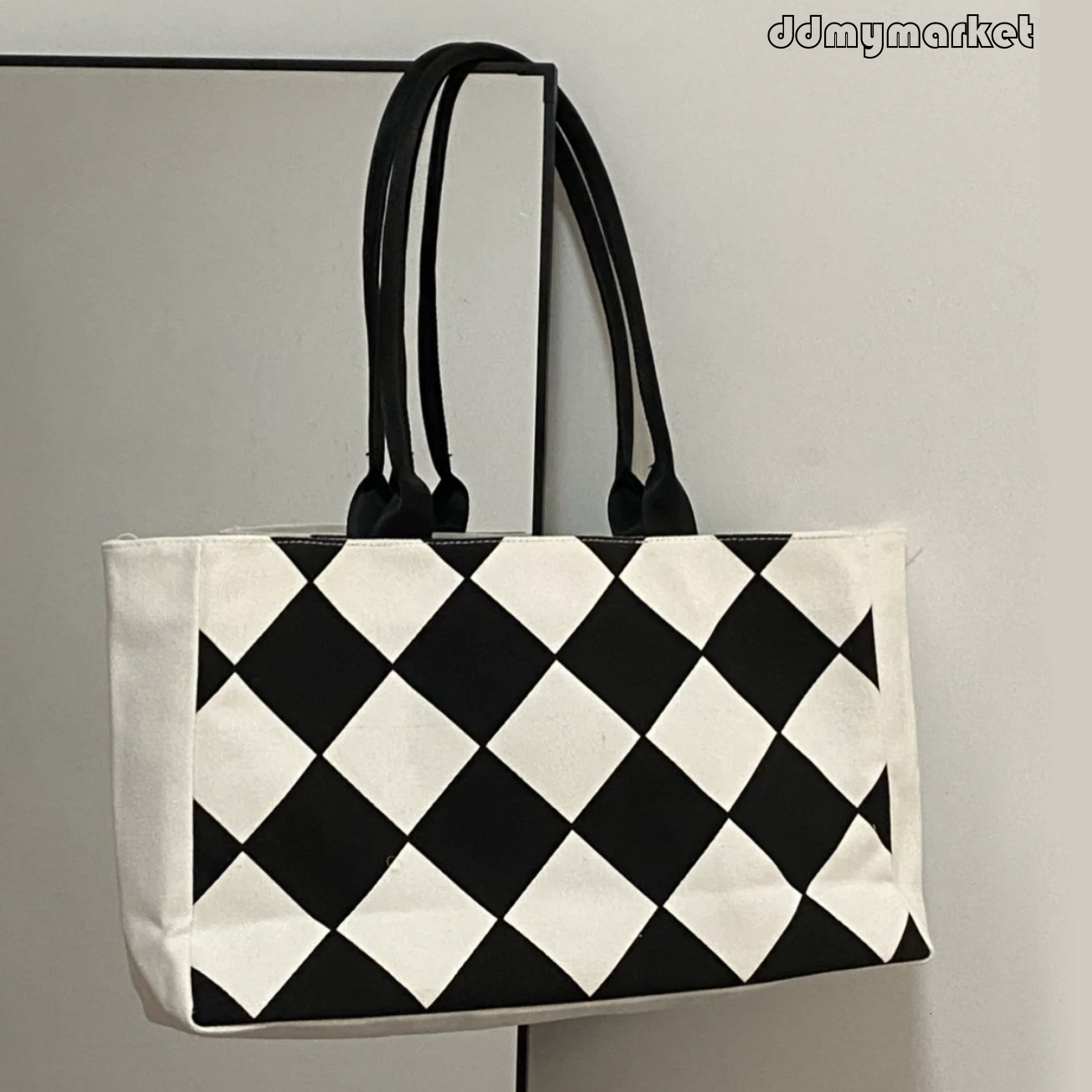 Ddmymarket Korean Style Popular Black and White Checkerboard Canvas Large Capacity Shoulder Tote Bag Ins Casual Versatile Handbag for Women