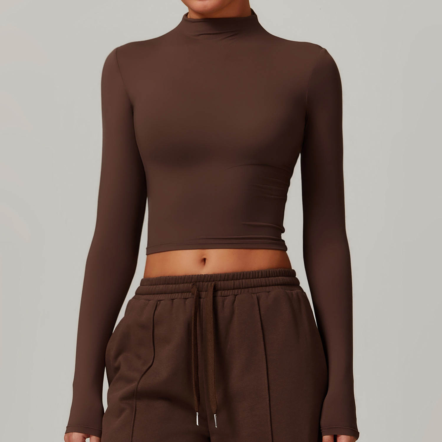 A65 High Neck Women Yoga Outfits Long Sleeve Shirt Cropped Yoga Blouse Shirts Fitness Running Clothes Workout T-shirt Slim Fit Breathable High El-image-1070995135