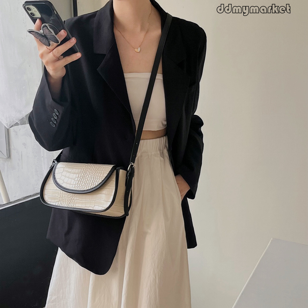 Ddmymarket 2025 Crocodile Pattern Color Block Small Square Niche Design Elegant Style Single Shoulder Crossbody Baguette Underarm Bag