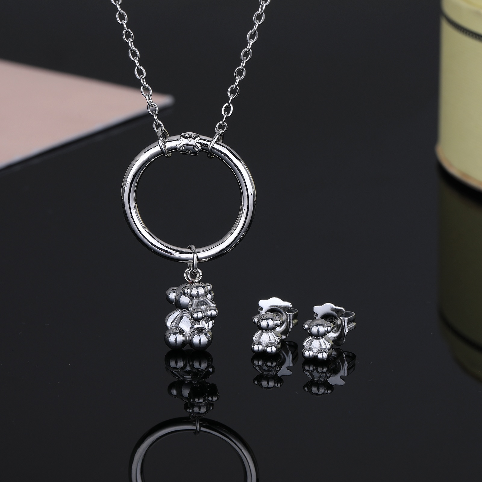 New Arrival Fashion Women Men Silver Black Rose Gold Stainless Steel Copper Bear Open Circle Cartoon Animal Pendant Necklace Earrings Sets Jewelr-image-1070960113