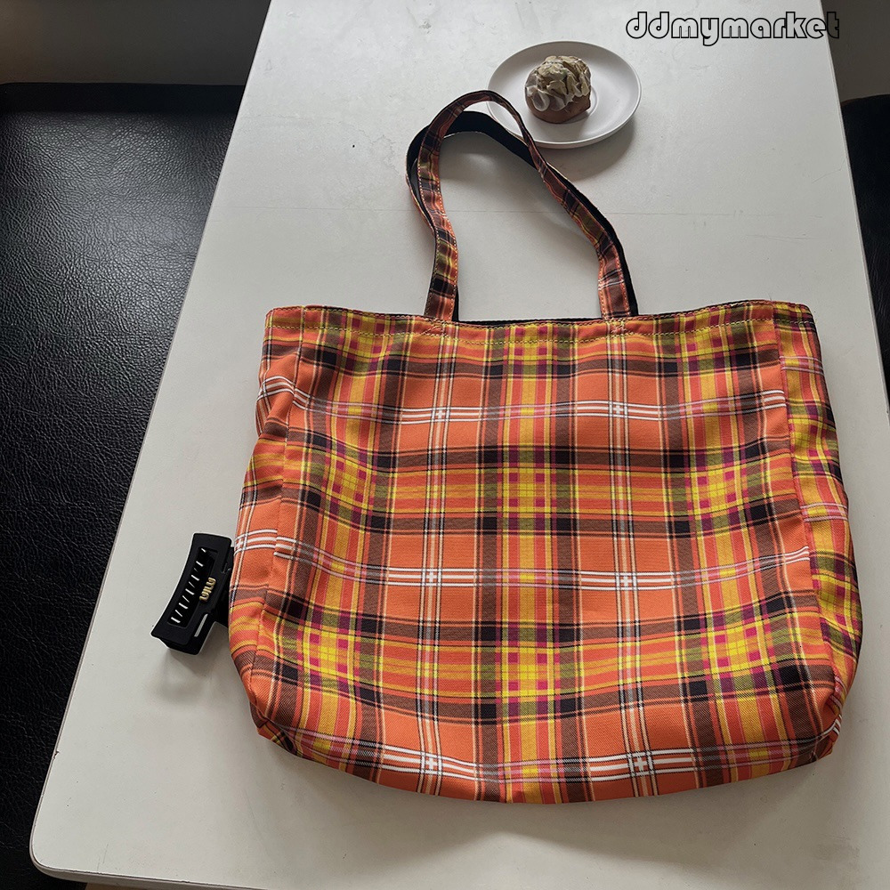 Ddmymarket Niche Plaid Orange Tote for Class and Commute, Large Capacity Canvas Bag, Fashionable Trendy Ins Style Shoulder Bag