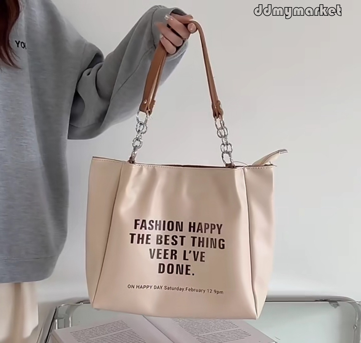 Ddmymarket Capacity Tote for Women 2025 New Trendy Color Block Letter Fashion Shoulder Commuter Student Large Bag