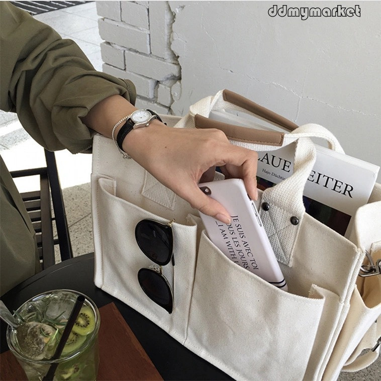 Ddmymarket Korean INS Super Popular Large Capacity Casual Canvas Multi-Pocket Practical Single Shoulder Handbag Crossbody Bag for Women