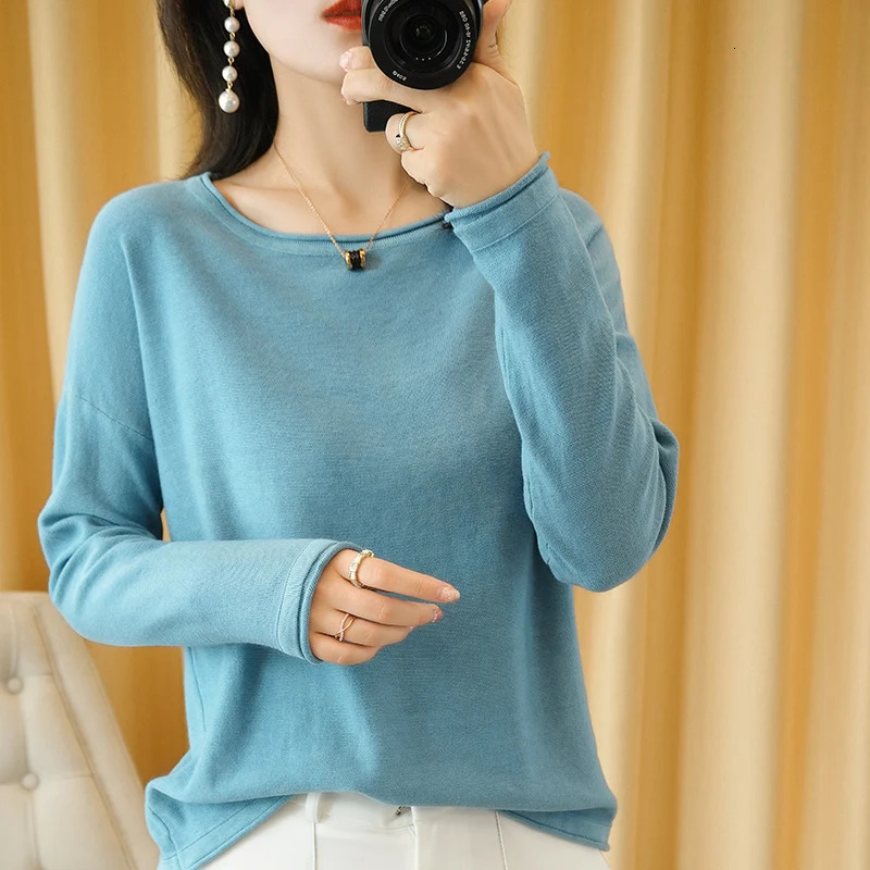 100% Cotton Women Knit Sweater Crimped Edge O-Neck Pullover Bottoming Pure Cotton Sweater Spring Autumn Tops Clothes 250809BJ