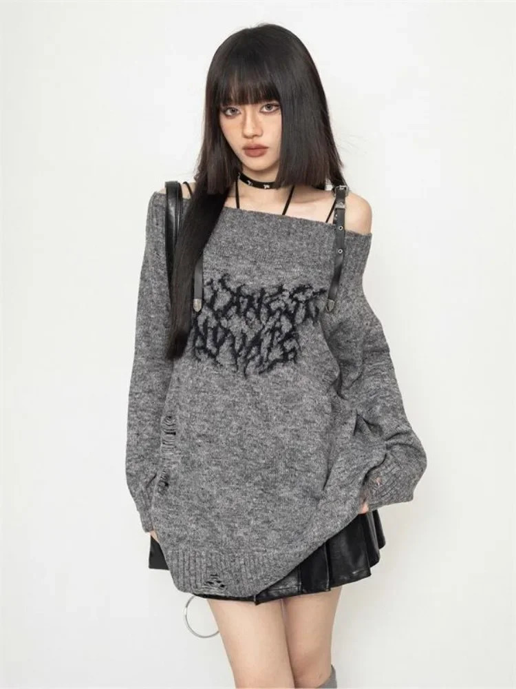 Harajuku Gothic Hollow Out Oversized Knitted Jumpers Grunge Jacquard Sweater Fashion Knitwear Y2k Aesthetic Slash Neck Pullover 250809BJ