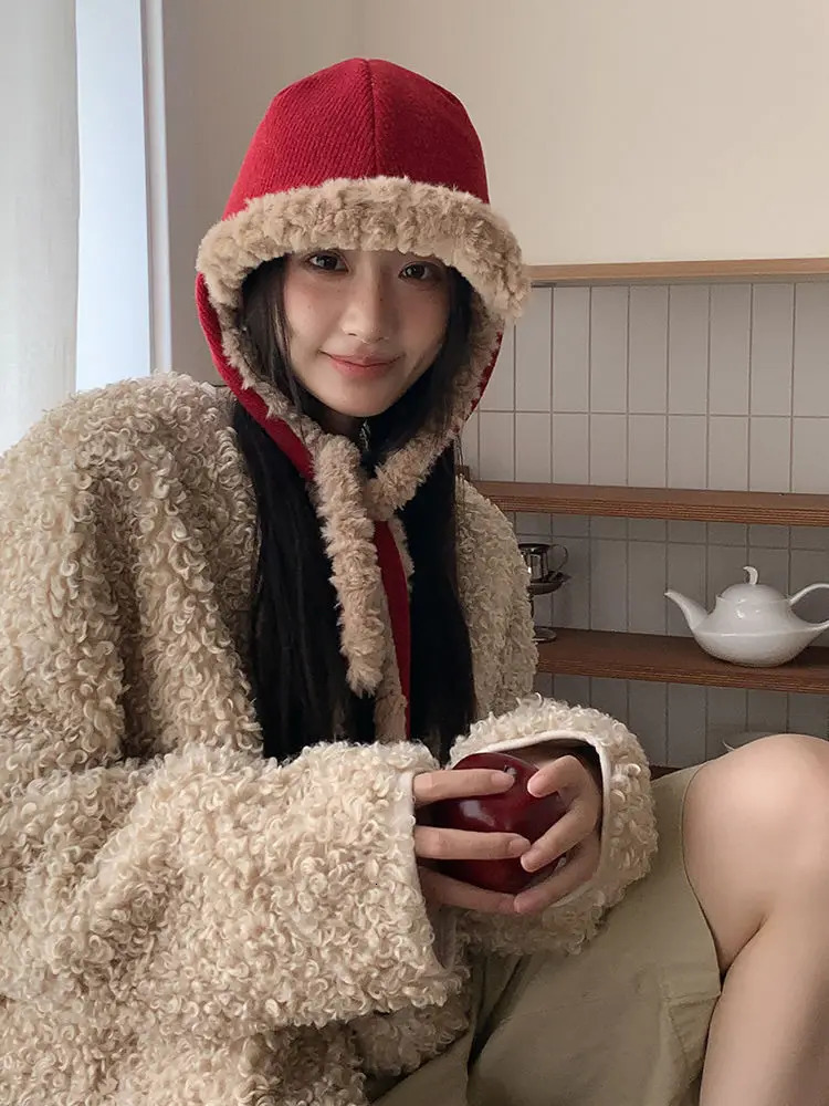 hot 2027 newRed Lei Feng Womens Autumn and Winter Warm Face Small Strap Plush Thickened Fleece Cold Protection Ear Hat Korean 250813