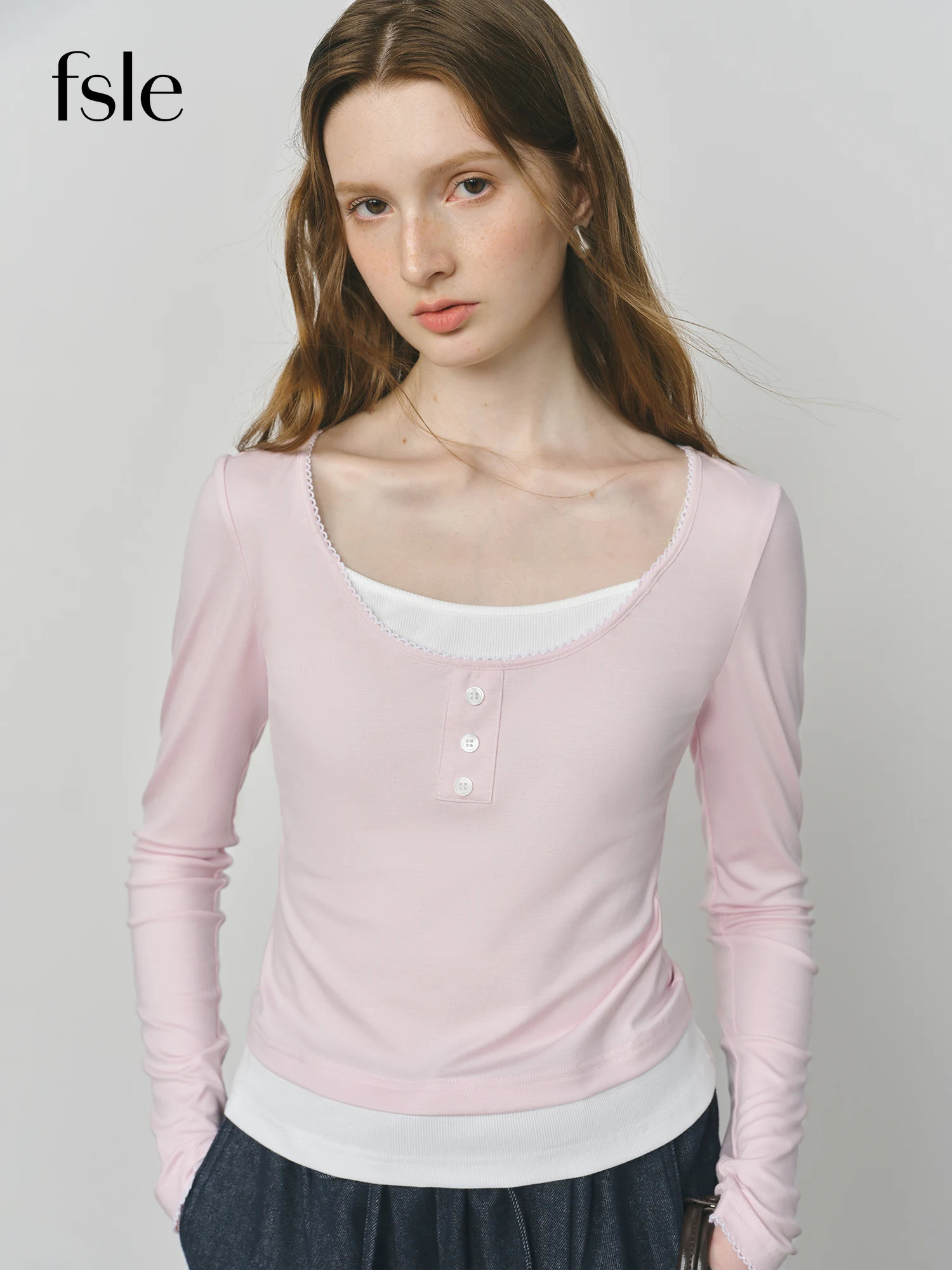 FSLE Contrast Color 2 Piece T-shirt Female Autumn Korean Style Pink Large U-neck Long-sleeved Top 25FS13268 250809BJ