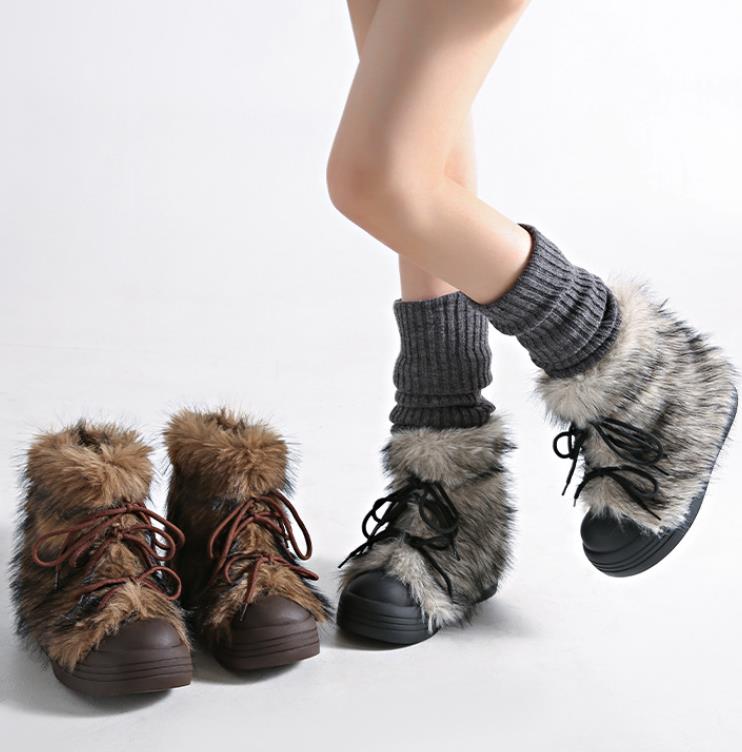 Y2K faux fur boots for womens winter snow boots ious fluffy fuzzy boots warm and comfortable waterproof platform lace mid calf ski boots 241113