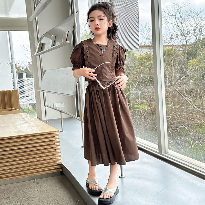 D191 Girls&#039; suit skirt summer thin style 2025 new Internet celebrity girl fashionable and stylish puff sleeves medium and large children&#03-image-1071209122