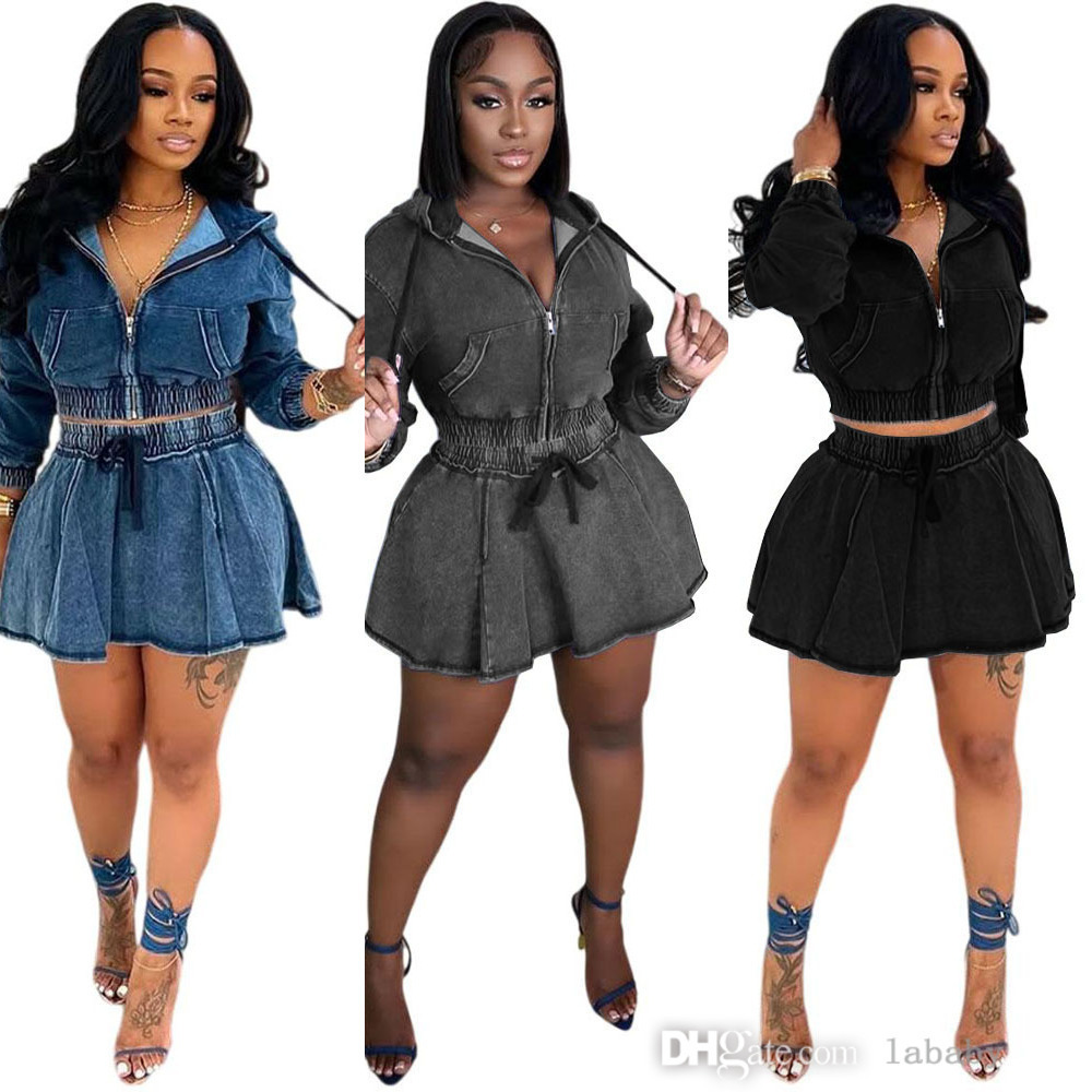 2025 Automne Winter Denim Jupe Ensemble de mode de mode Veste en 2 pièces Femmes Femmes Long Manche à manches Zipper Mini Jirts Casual Jirts Robe