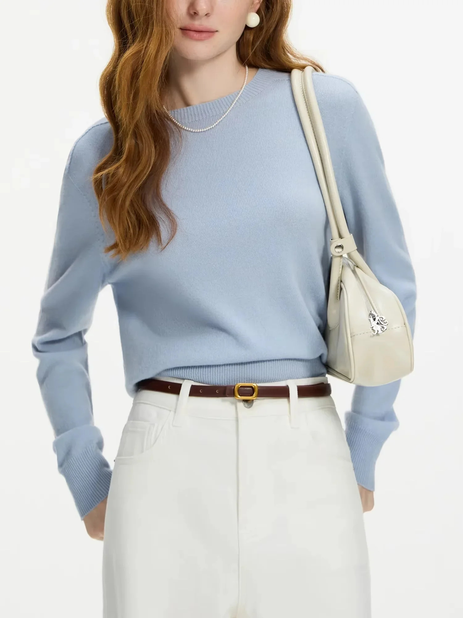 FSLE 100% Wool Seamless One-piece Knit Shirt Sweater For Women Winter Wool Crew Neck Versatile Sweater 24FS14091 250809BJ