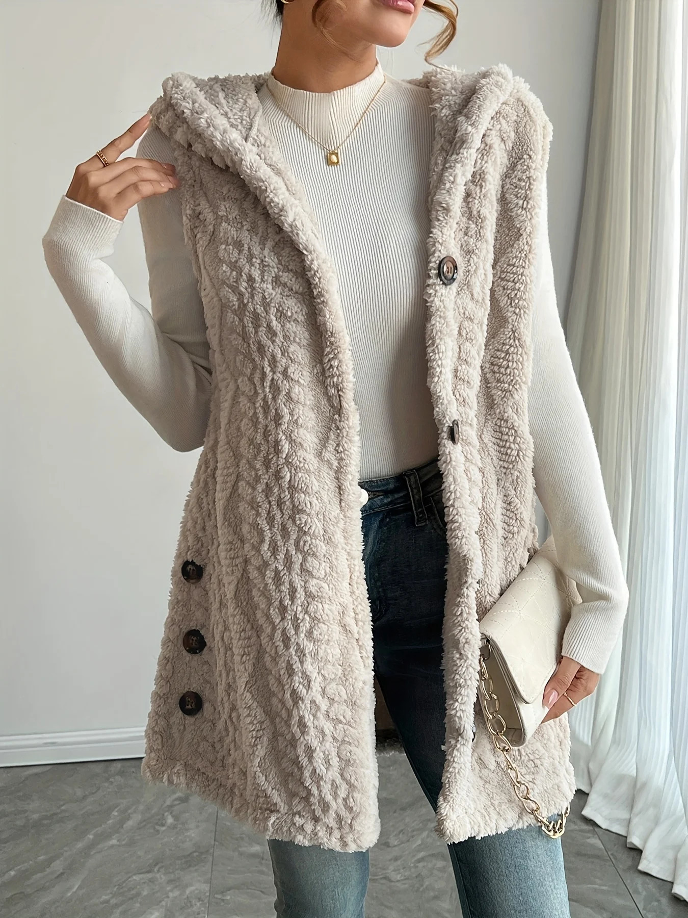 Womens solid color chunky knit textured fluffy hooded front open sleeveless long casual plush vest 250809BJ