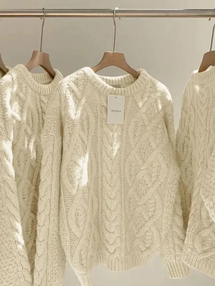 Japanese Retro Korean Fried Dough Twists Sweater Women Thickened Outer Loose Lazy Style Thin Wool Knitting Top Female 250809BJ