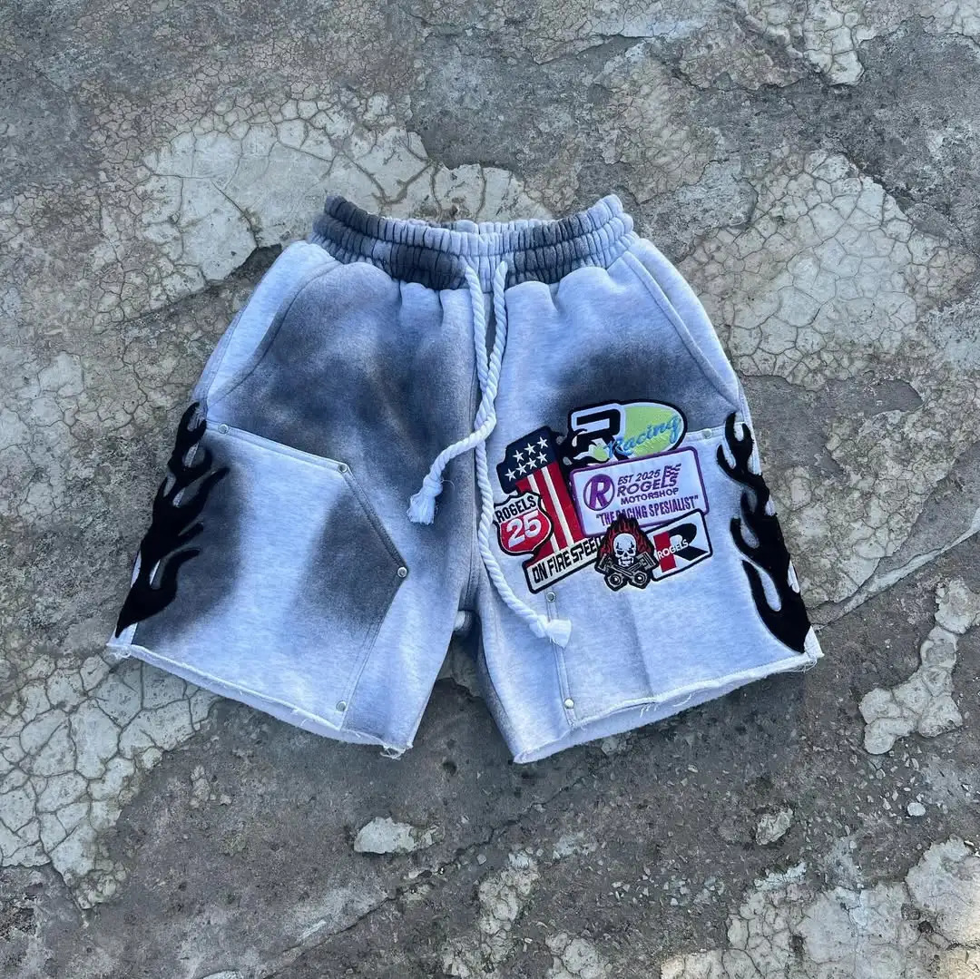American Style Old Creative Pattern Area Inkjet Seam Pattern Baseball Elements Gray Shorts Mens Casual Sports Fashion Y2K Pants 250813