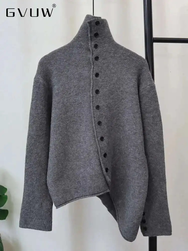 GVUW Knitted Irregular Sweater Women Single Breasted Full Sleeve Turtleneck Solid Color Versatile Female Tops 17G8404 250809BJ