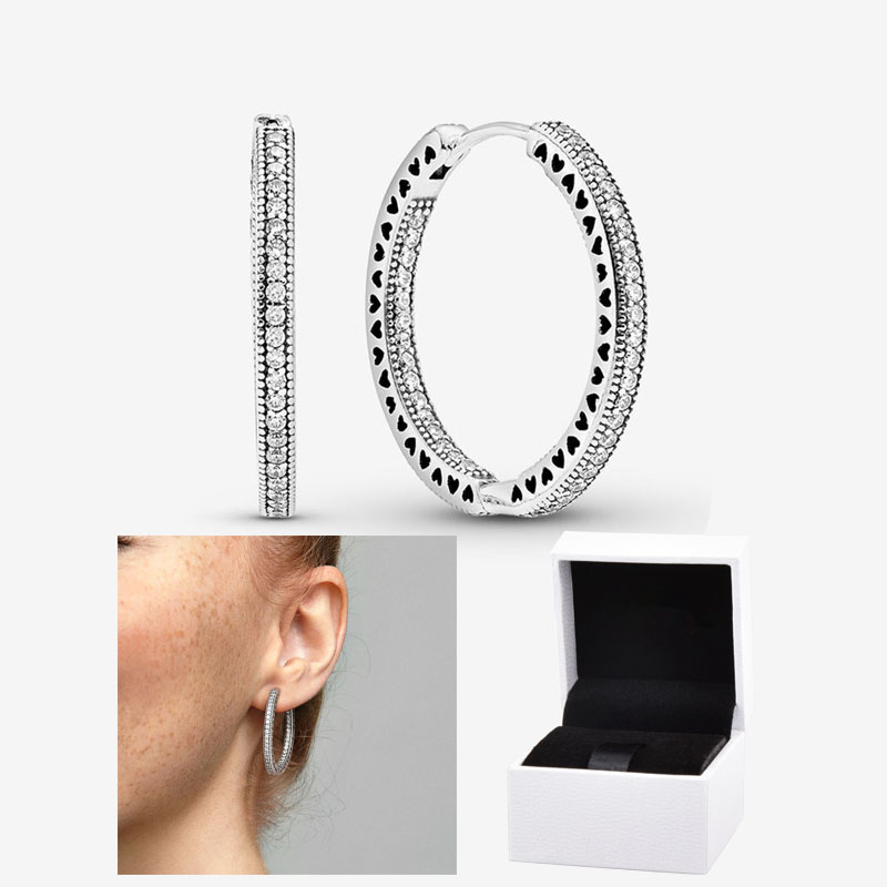 Sparkle and Hearts Hoop Earrings 100% 925 Sterling Silver EARRINGS for PAN Designer Jewelry Women Gift Big Circle earrings with Original Box set