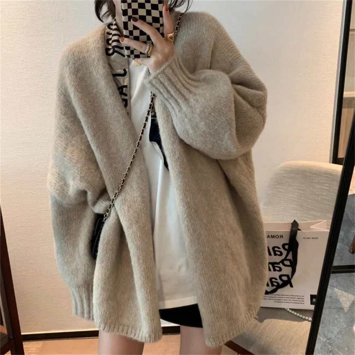 Women Fashion Knitted Cardigan Latern Sleeve Baggy Loose Sweater Coat Fall Winter Spring Coat Solid Chic Tops Casual Cardigans 250809BJ