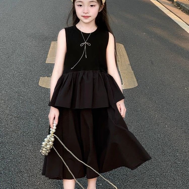 D195 Girls black skirt summer 2025 new girls Korean style high-end summer vest skirt children&#039;s summer dress-image-1071208595