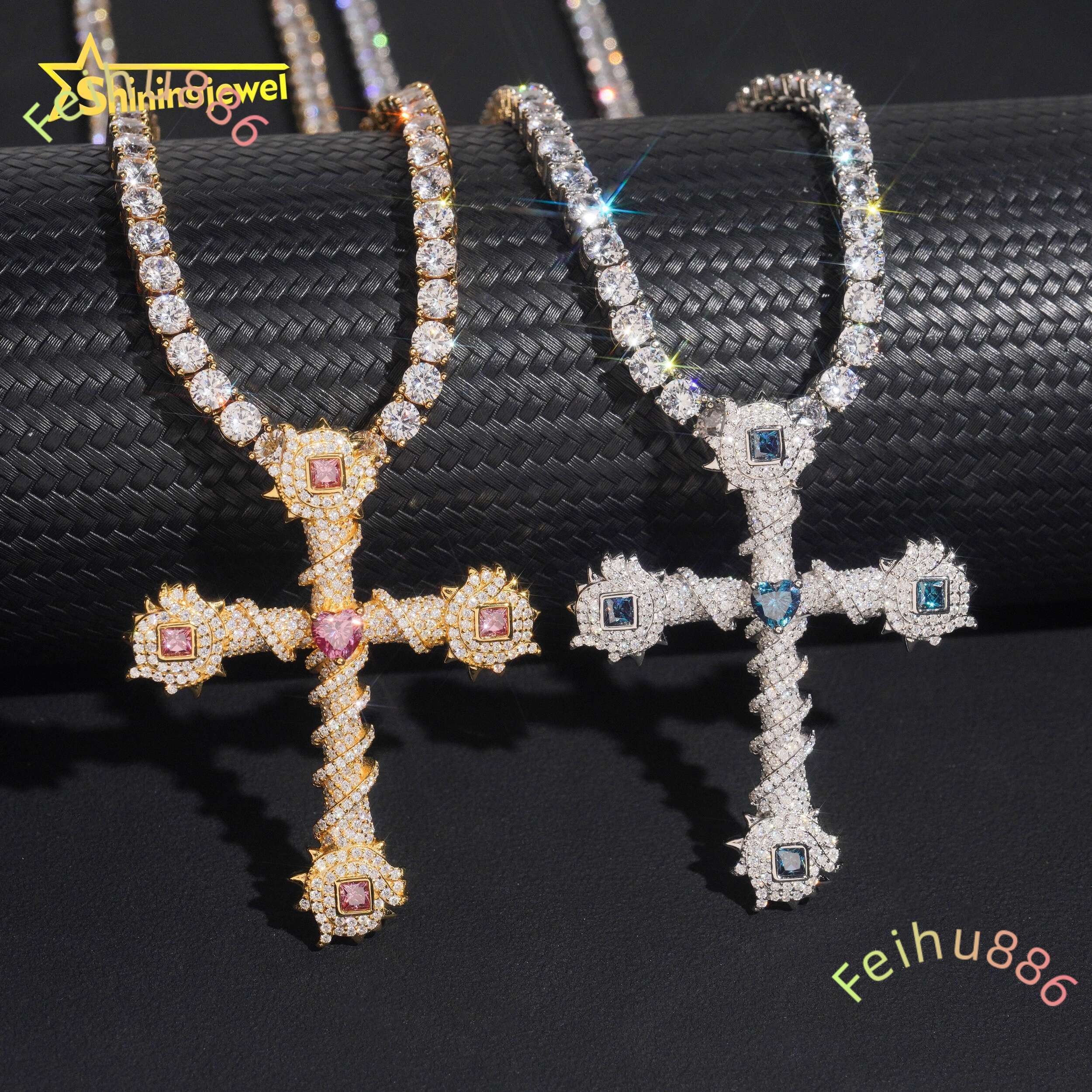 Hip Hop Jewelry 925 Silver Color Moissanite Luxury Cross Pendant Charm Iced Out Cross Pendant Pass Diamond Tester
