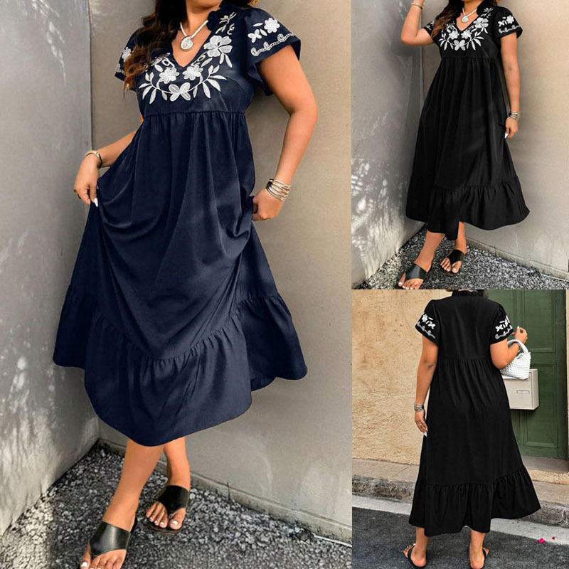 Plus Size Floral Embroidered V-Neck for Women, Summer Elegant Short Sleeve Mid-Length Dress