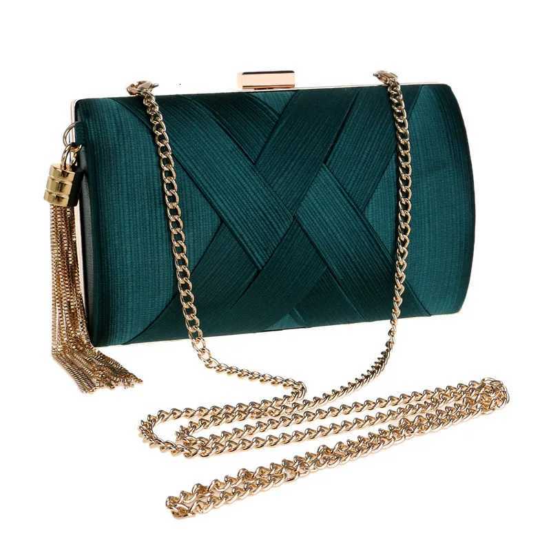 100% Cotton Linen Cotton Linen Women Evening Bags Green Color Party Clutch Bags Tassel Golden Metal Shoulder Chain Handbags Z250815
