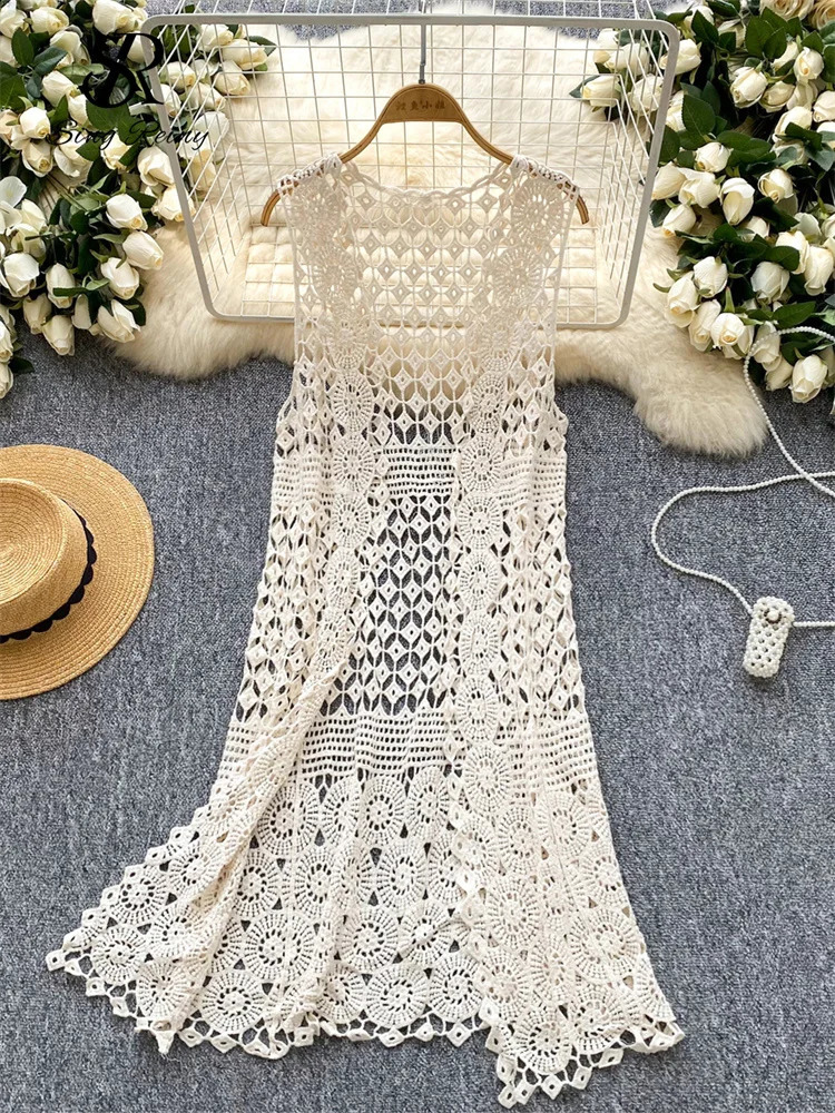 SINGREINY Beachwear Loose Sun-proof Cardigans Women Sleeveless Hook Flower Hollow Outerwear Tops Summer Thin Knitted Cardigan 250811