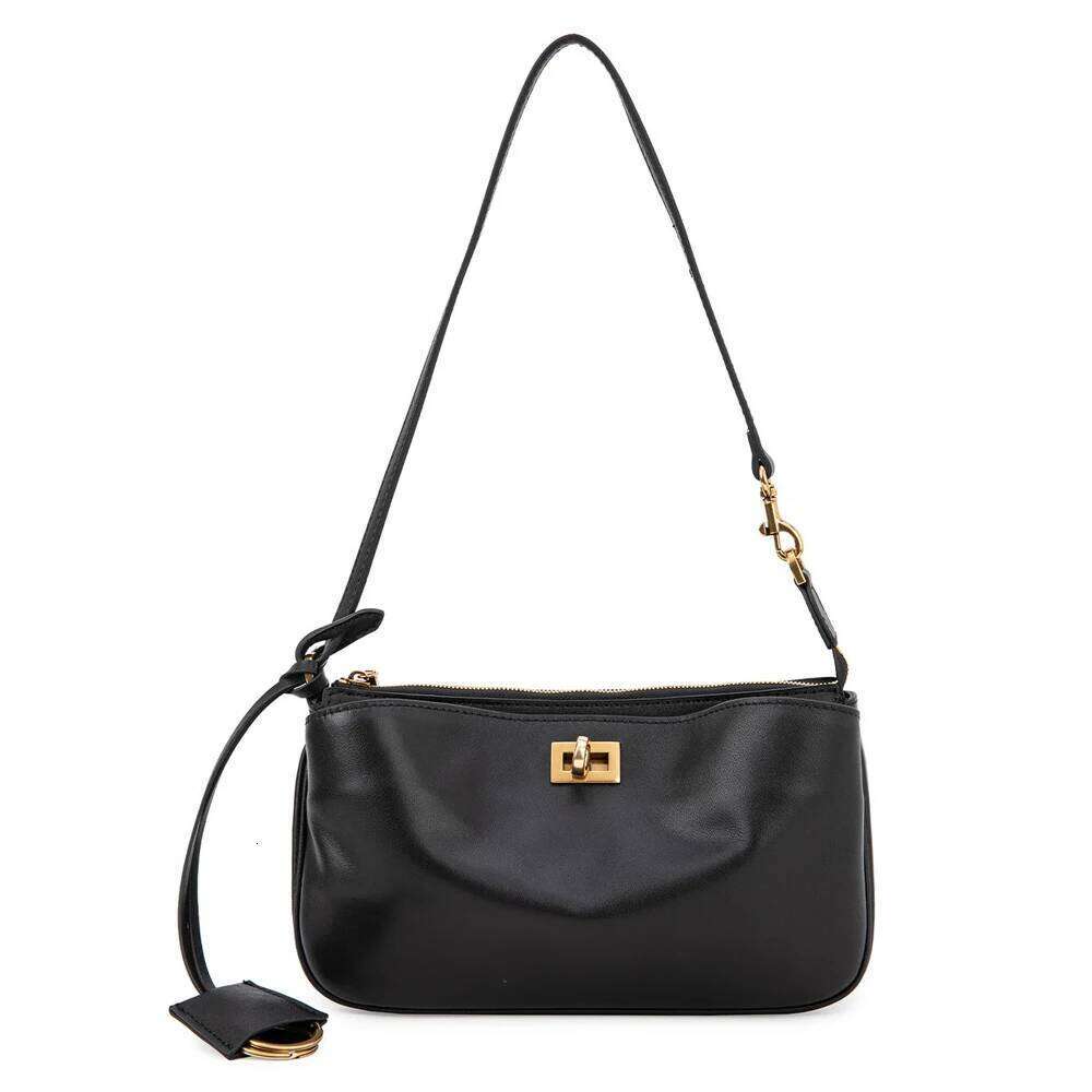 2025 Spring New Brand Rodeo Shoulder Split Leather Black Handbags Women Fashion Gold Buckle Underarm Bags 250815