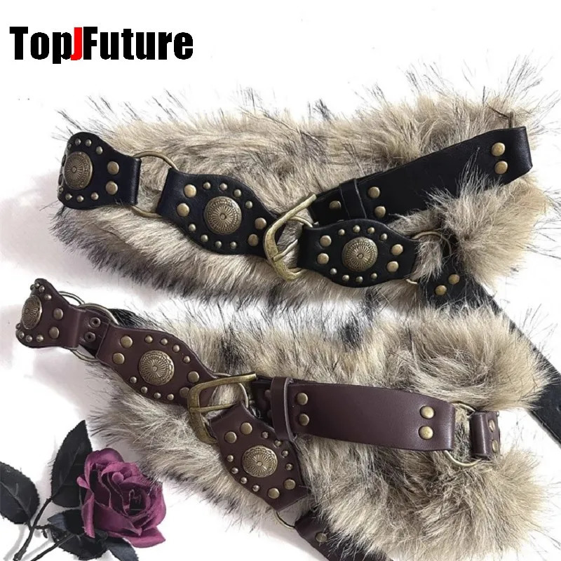 The Spice Girl Womens Harajuku Steampunk Y2K Plush American Vintage Dark Furry belt Concave shaped decorative waist chain250812
