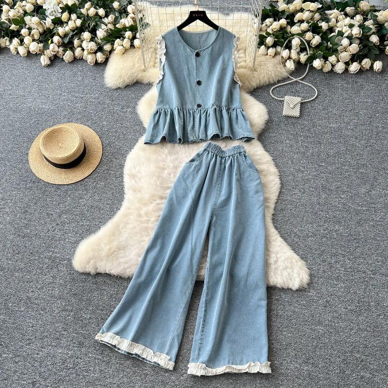 Women's Two Piece Pants Korean Style Fashion Summer Jean 2 Sets Single-breasted Sleeveless O-neck Ruffle Tops Loose Wide Leg Jeans