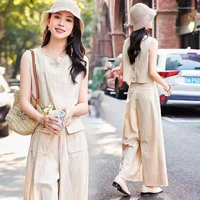 Women's Two Piece Pants High End Retro Summer Set O-neck Sleeveless Shirt Camisole Waist Wide Leg Casual Outfit