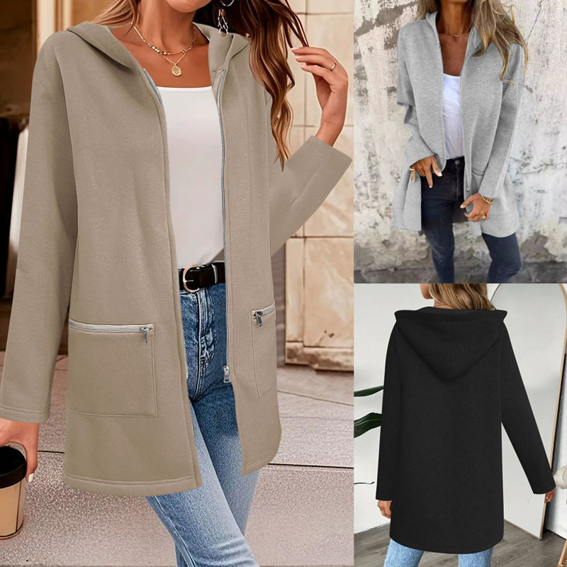 Plus Size Solid Color Zipper Autumn Winter plaid Casual Hooded Sweatshirt Coat Women