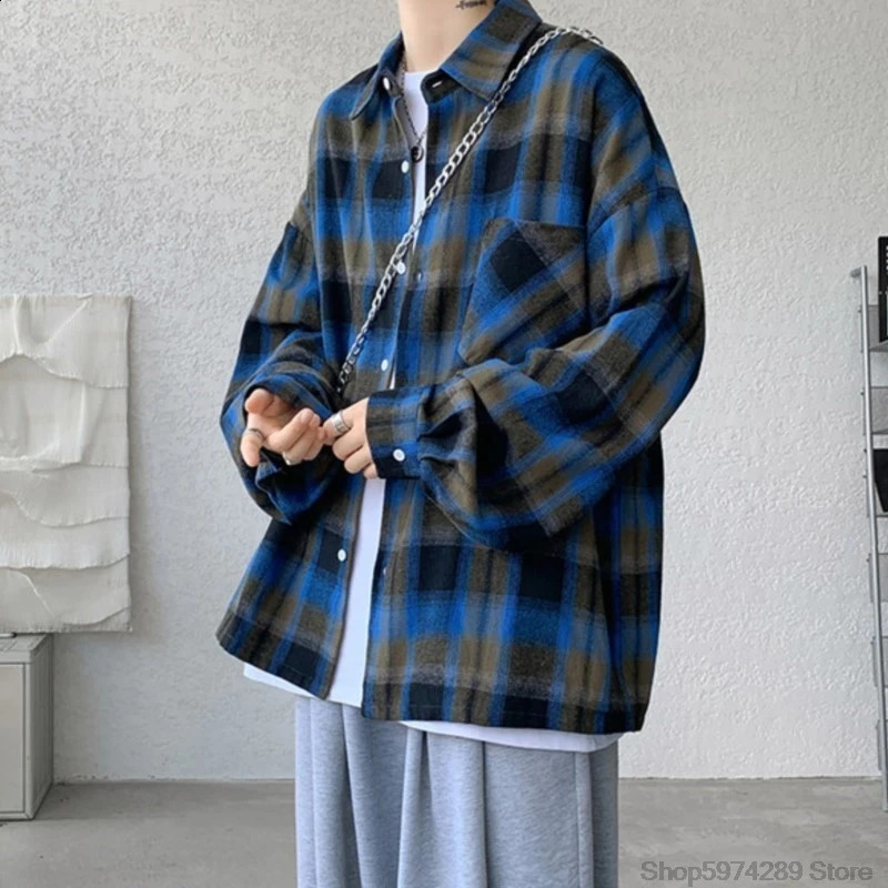 Long Sleeve Plaid Shirts Men Autumn Casual Loose Harajuku Vintage High Street Daily All-match Gentleman Camisa Plus Size 5XL-M 250811