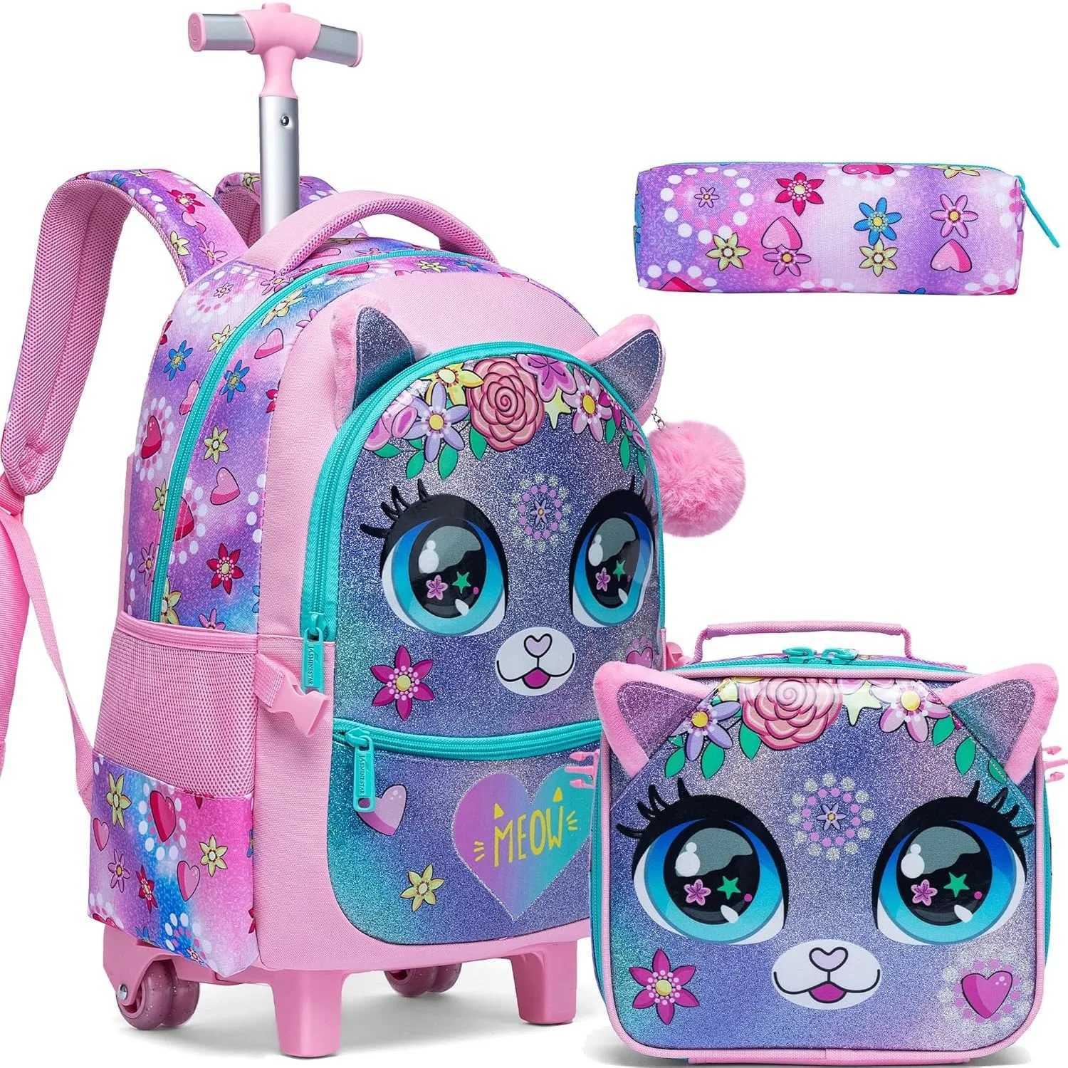 Kids Rolling Backpack with Wheels Durable School Travel Luggage for Girls Lightweight Carry-On Trolley Bag with Adjustable Handle X250815