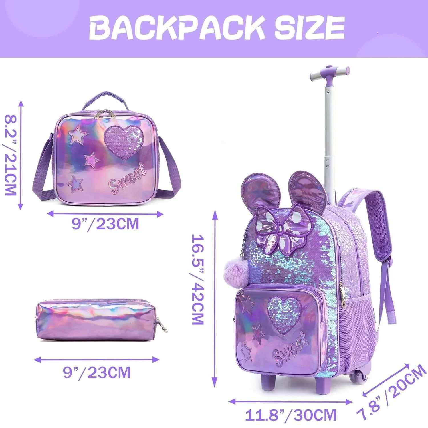 3pcs mignons filles roulement chariot sac à dos primaire enfant sac à dos fille avec roues à l'école sacs d'étudiant x250815