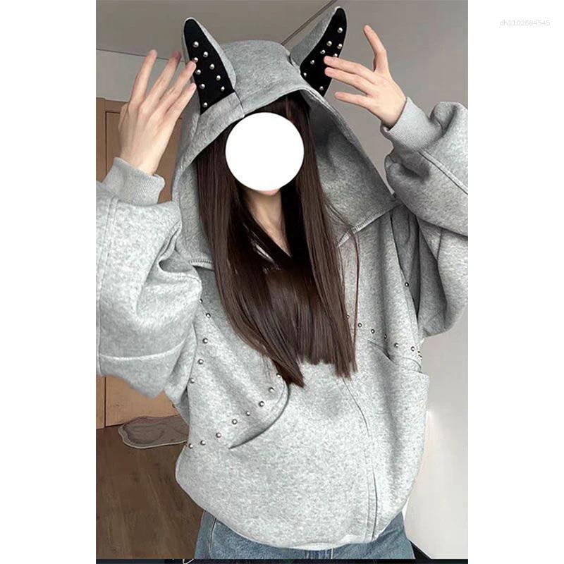 Women's Hoodies MEXZT Streetwear Zip Up Women Harajuku Rivet Hooded Black Sweatshirt Autumn Winter Grunge Korean Long Sleeve Clothes