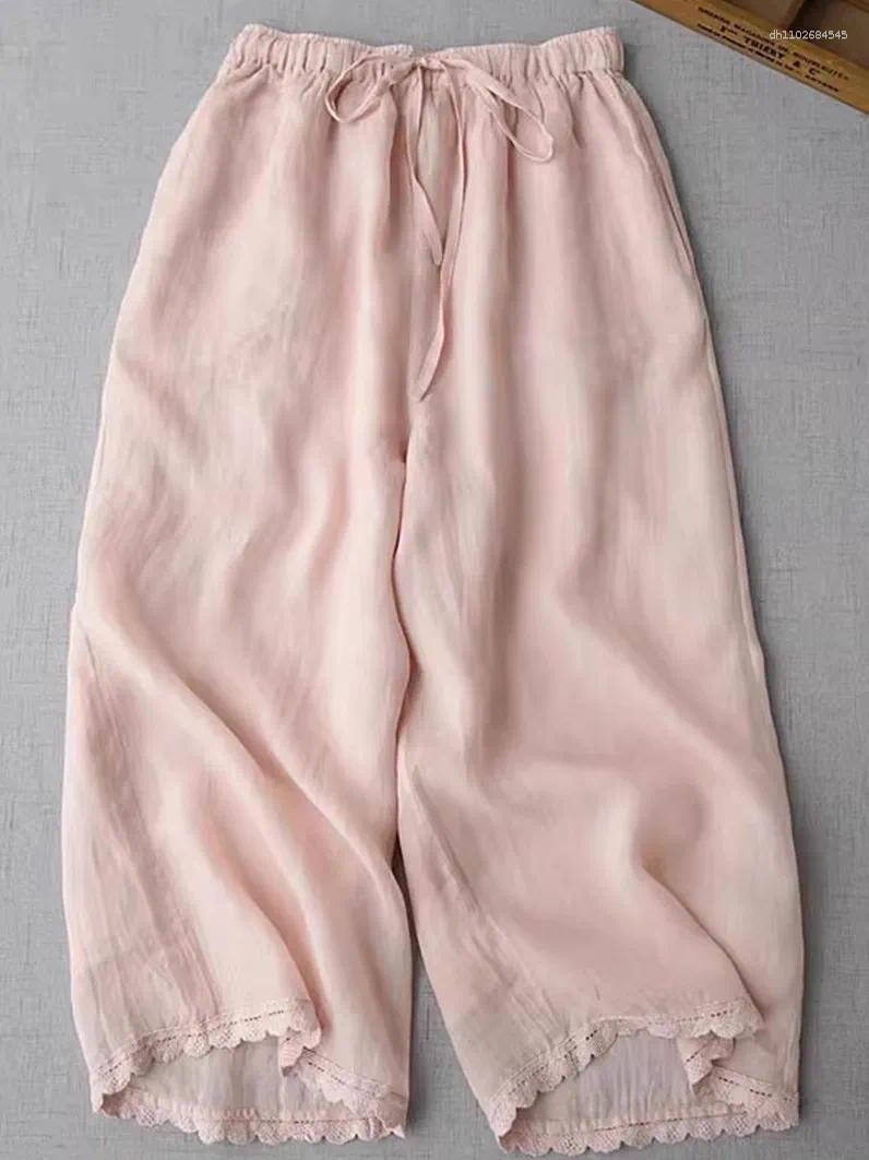 Women's Pants Chic Sweet Women Wide Leg 2025 Summer High Waist Drawstring Calf-Length Harem Lace Patchwork Solid Trousers