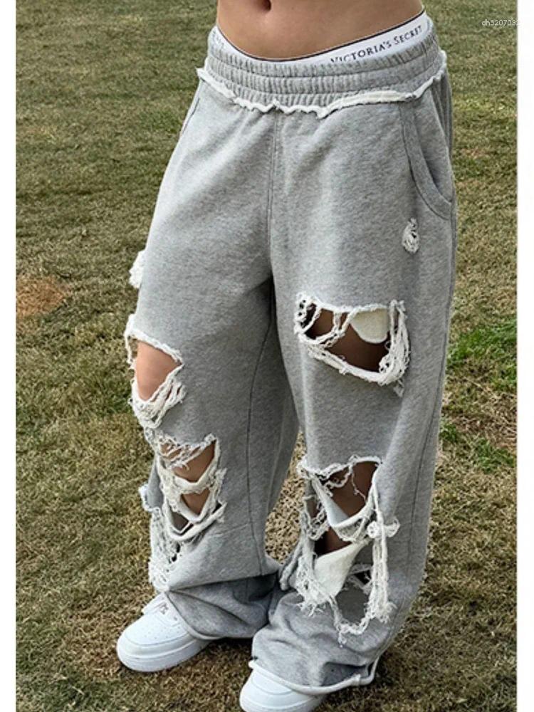 Women's Pants 2025 Distressed Gray Baggy Joggers Women Hip Hop Style Grunge Wide Leg Holes Sweatpants Oversized Gyaru Streetwear Trousers