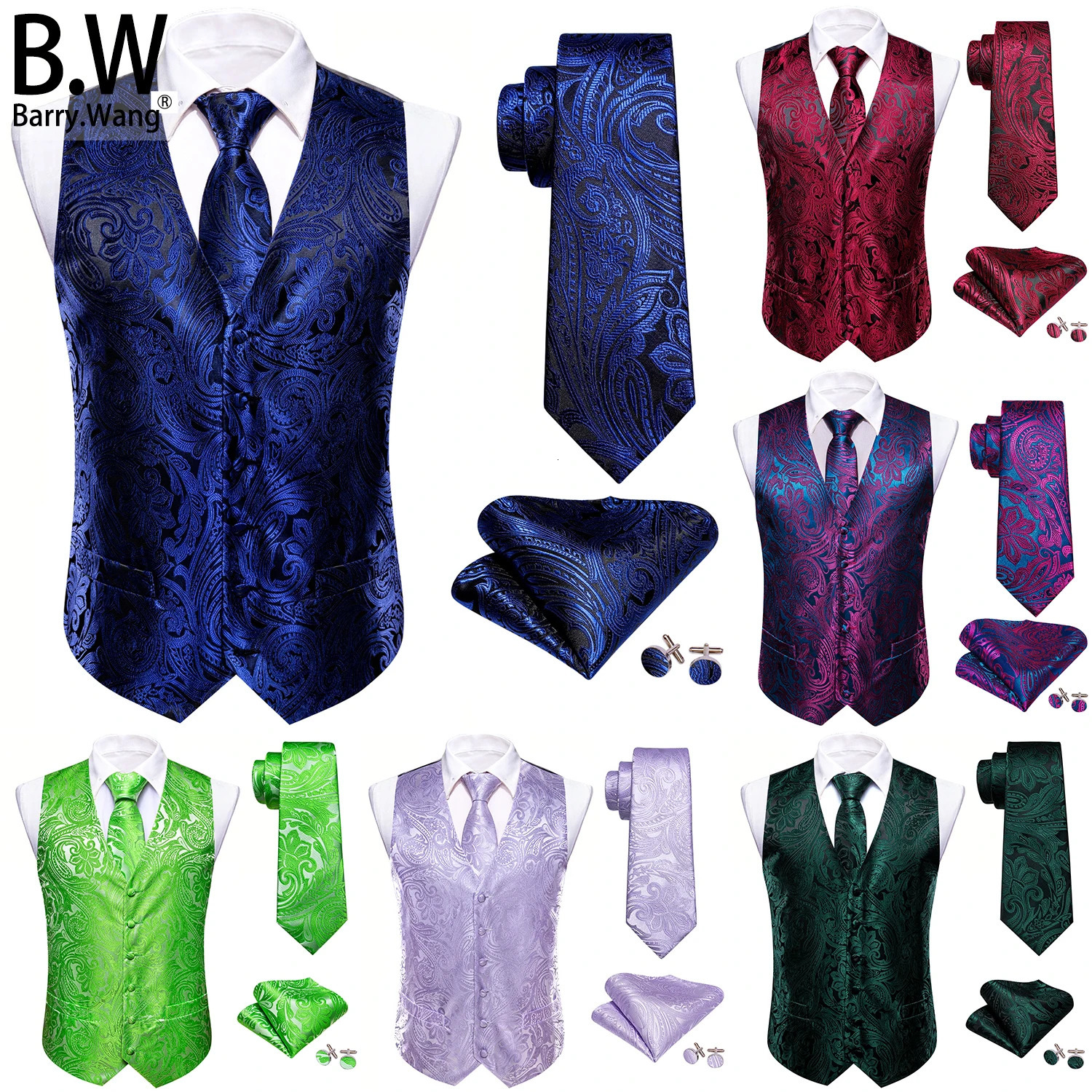 BarryWang Silk Men Vest Jacquard Green Blue Red Gold Pink Waistcoat Tie Hanky Cufflinks Set Wedding Business Sleeveless Jacket 250805