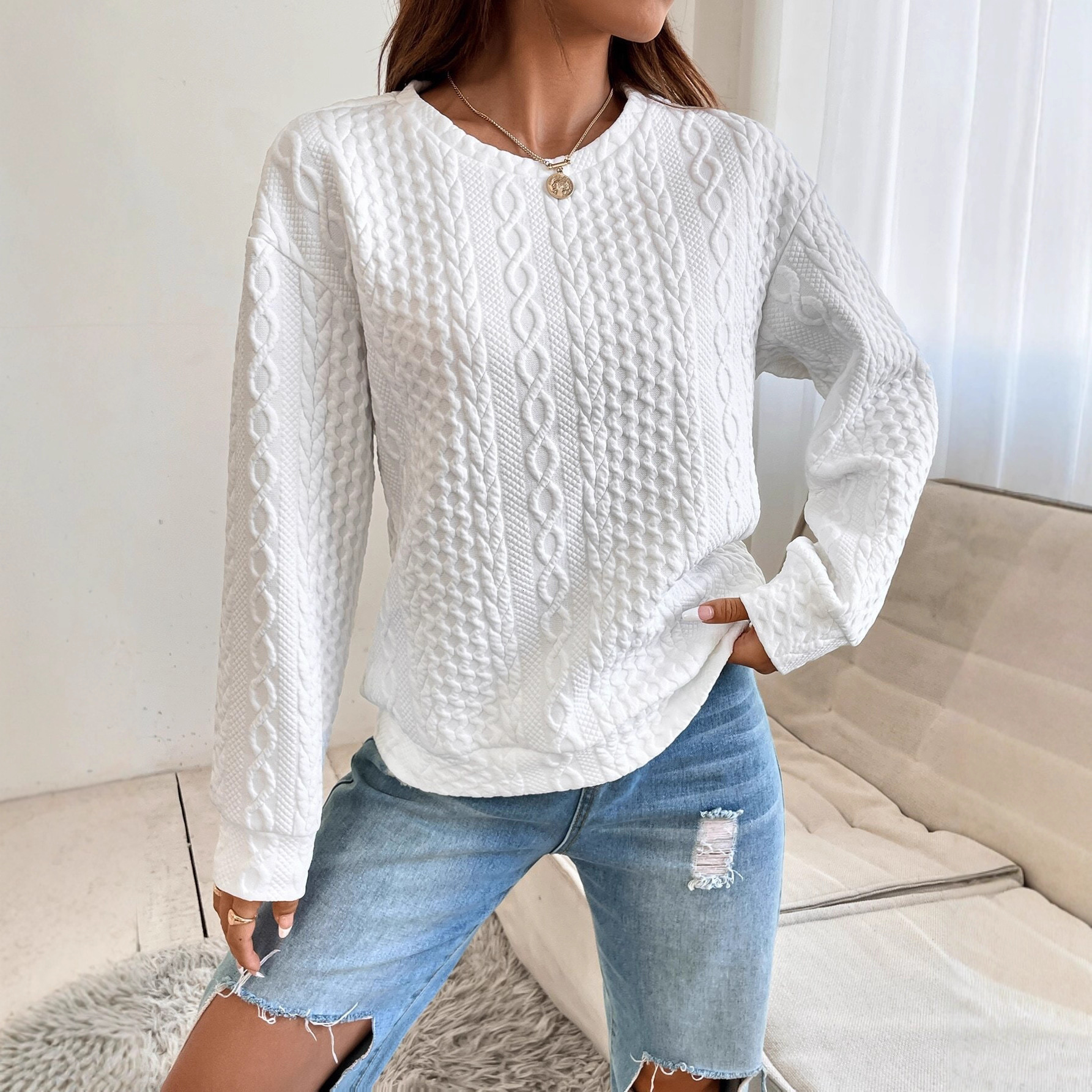 2025 Spring and Autumn Fashion Women's Versatile Solid Color Textured Loose Drop Shoulder Sweatshirt