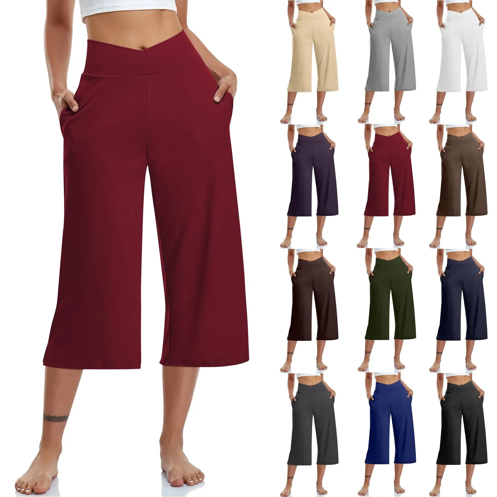 Femmes élastiques hautes taille 3/4 pantalon décontracté actif fit large capris pantalon de jambe avec pantalon de poches pour femmes pantalon fé