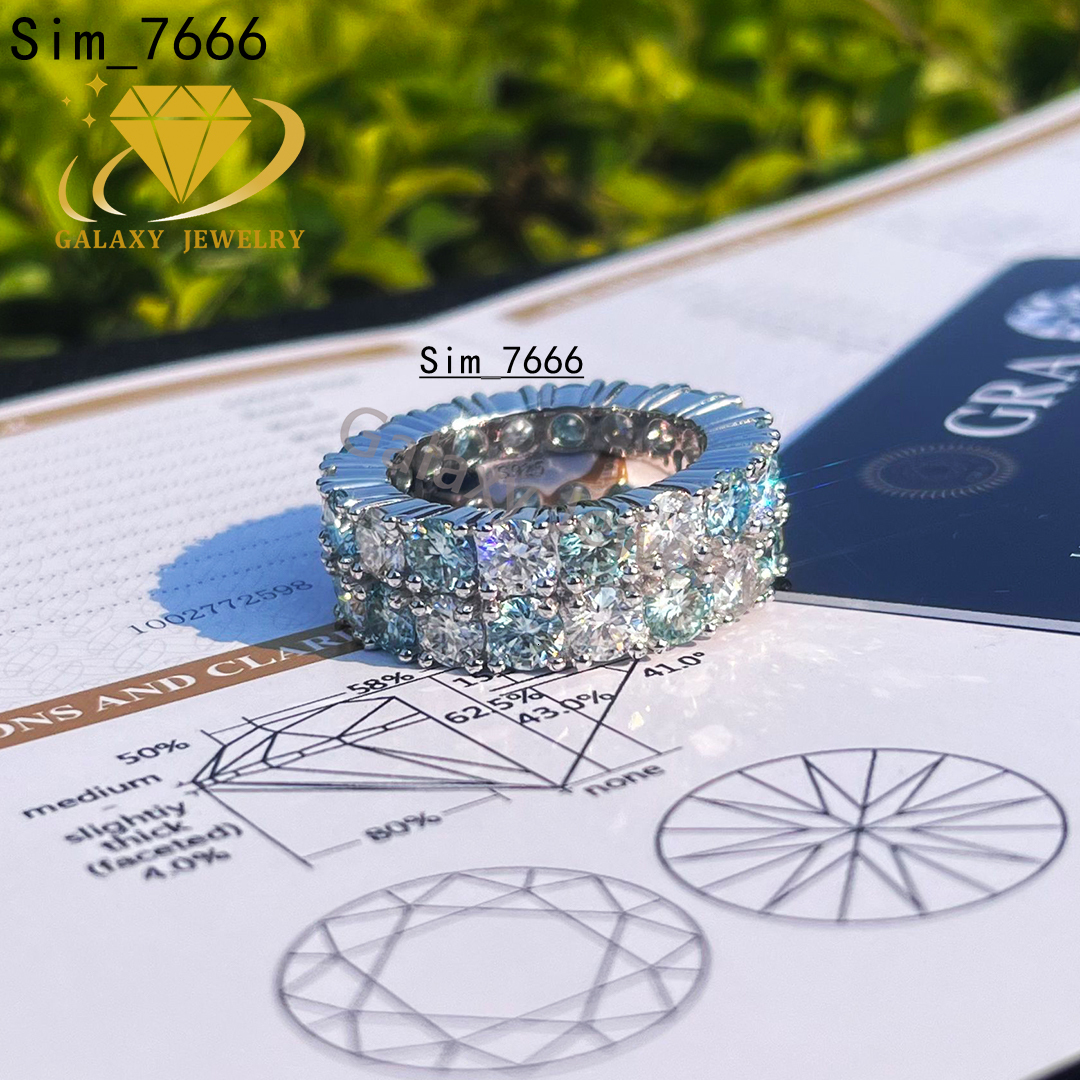 Hip Hop Ring 925 Sterling Silver 2rows Eternity Blue Green Iced Out Moissanite Ring 3mm 5mm Tennis Ring