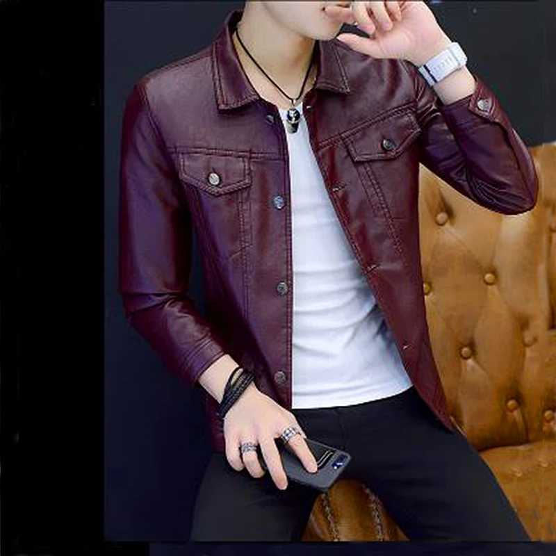 2023 New Leather Jacket Men Spring Autumn Slim Was Thin Fashion Turn-Down Collar Single Breasted Red Wine /Green Coats Outerwear W250815